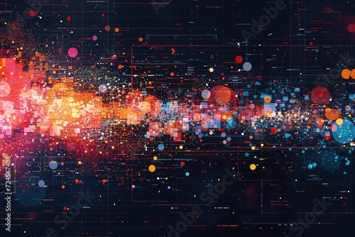 Abstract tech data patterns with colorful light explosions