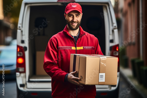 Delivery man in red uniform isolated on blue background, studio portrait. Male employee in cap t-shirt print working as courier dealer hold empty cardboard box. Service concept. Mock up copy space © Mujahid