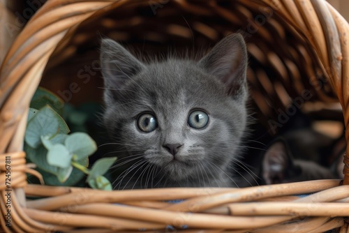 the_grey_kitten_looks_out_of_the_wicker_bask