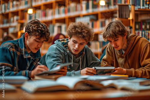 Group of students studying with books in university library