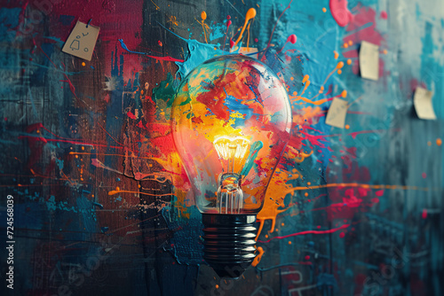 Light bulb with splashes of paint on colorful abstract background