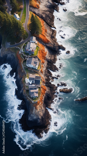 Scenic Coastal Houses Along the Rocky Shoreline with stormy sea