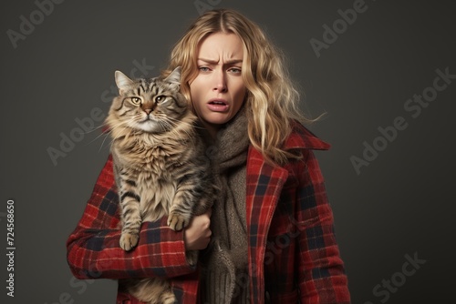 Attractive adult woman sneezing next to adorable cat - allergy and pet dander concept photo