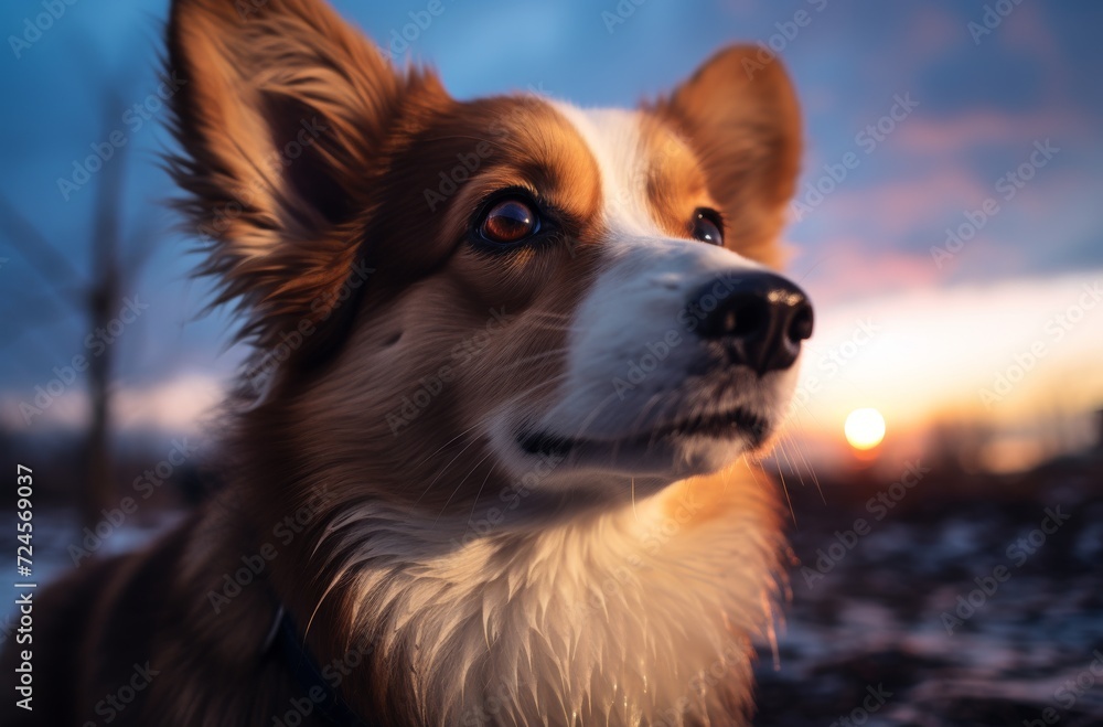 A curious canis gazes at the camera, its brown fur blending into the vast expanse of the sky behind it, showcasing the timeless bond between human and pet