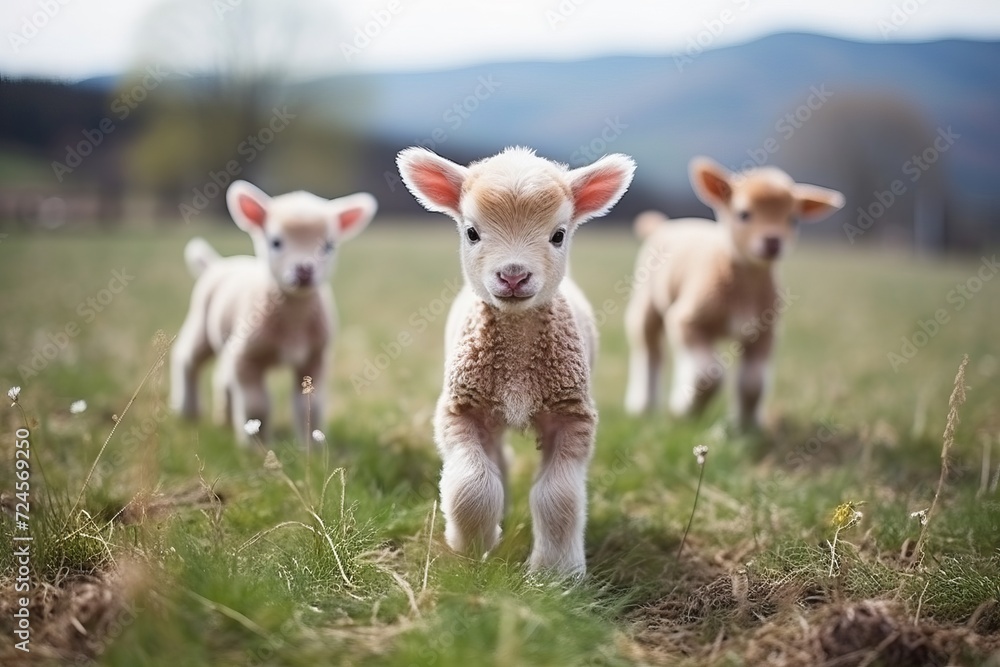 Beautiful herd of little sheeps walking and grazing freely in the lush green meadows Beautiful herd of little sheeps walking and grazing freely in the lush green meadows
