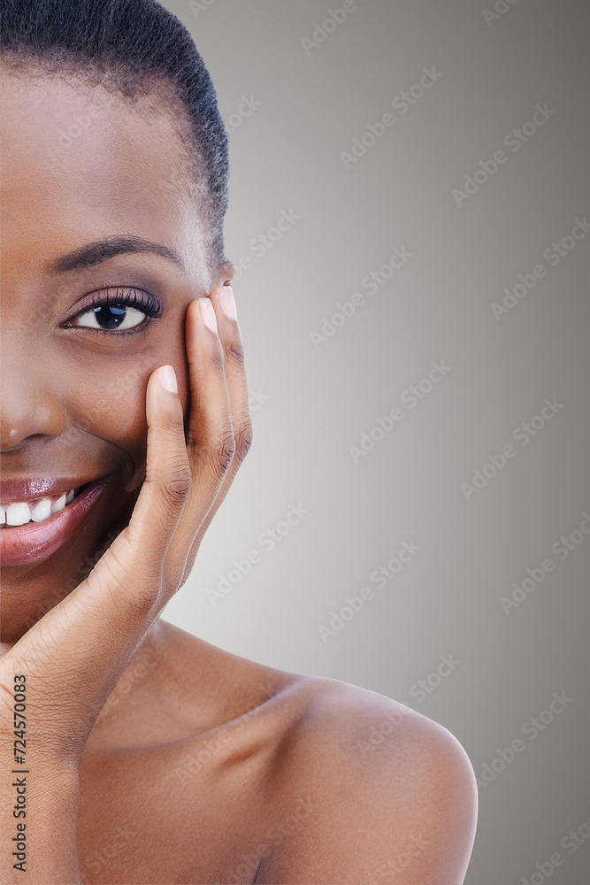 Half, face and portrait of black woman for beauty, skincare and nails in salon, background or mockup. Makeup, closeup and model with natural glow on skin and hands from cosmetics or dermatology Half, face and portrait of black woman for beauty, skincare and nails in salon, background or mockup. Makeup, closeup and model with natural glow on skin and hands from cosmetics or dermatology