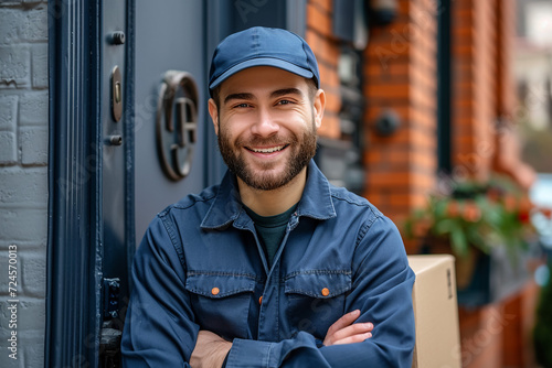 happy young delivery man in red cap standing with parcel post box © Mujahid