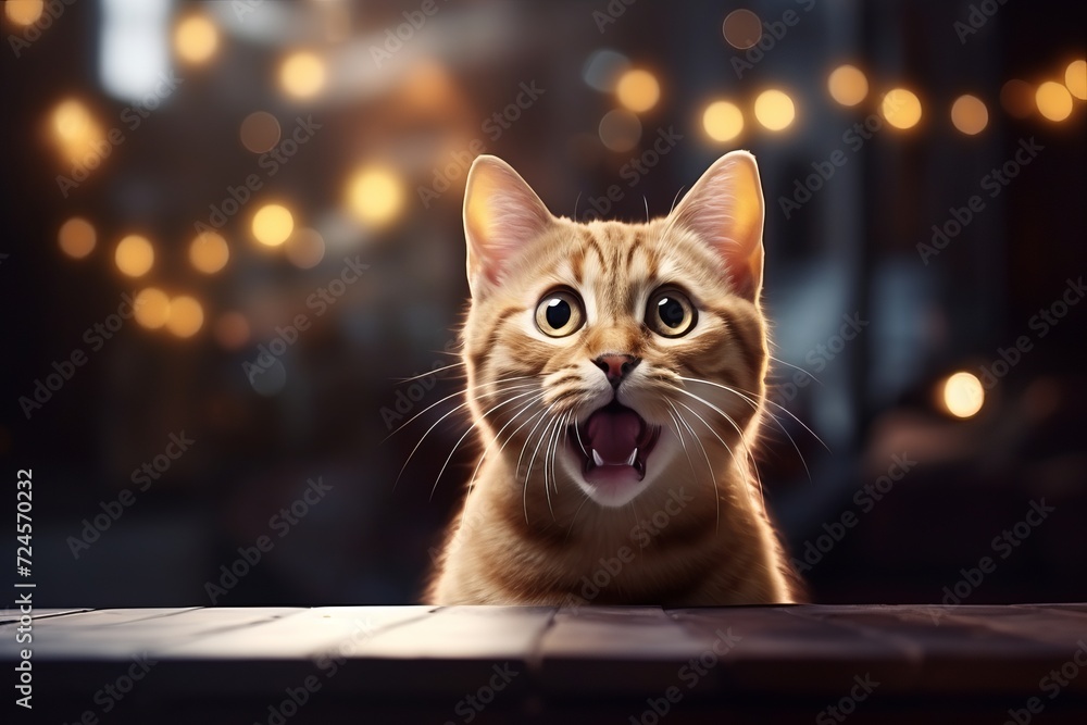 Amazed and intelligent feline with room for text with beautiful bokeh background