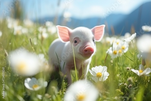 Playful piglet happily exploring and wandering through vibrant meadows amidst the natural splendor © chelmicky