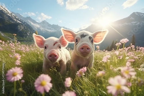 Adorable piglets wandering in alpine meadows on a sunny day with colorful blooming flowers