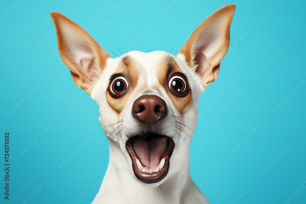 Smart dog with surprised expression, looking at camera, copy space on light blue background
