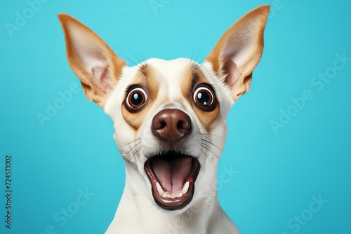 Smart dog with surprised expression, looking at camera, copy space on light blue background © chelmicky
