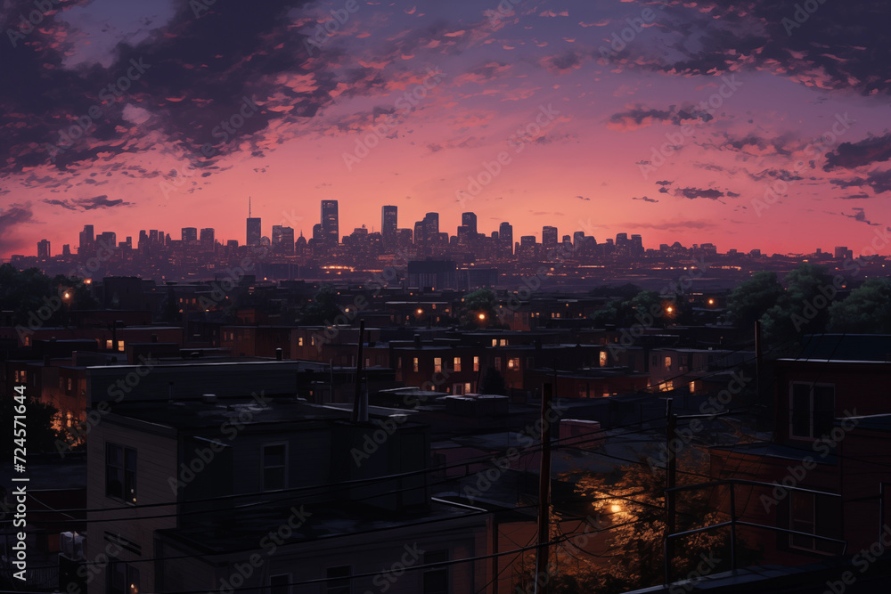 Dramatic sunset over the city. Panoramic view. After sunset cityscape in purple tones