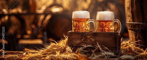 Beer glasses in wooden tin in autumn wheat, in the style of industrial fragments, generative AI photo
