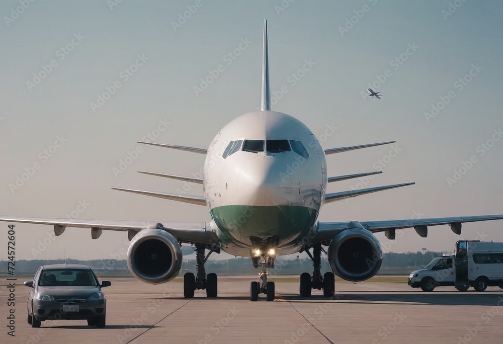 Passanger white plane lands. Airplane on the platform of Airport. Runway. Landing aircraft closeup. Mockup plane with place for text. Cloudy sky. Copy space. Passanger white plane lands. Airplane on the platform of Airport. Runway. Landing aircraft closeup. Mockup plane with place for text. Cloudy sky. Copy space.