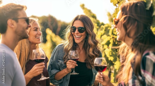 groupe d'amis en vacances en train de déguster du vin dans les vignes