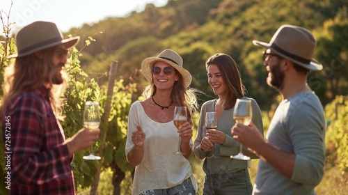 groupe d'amis en vacances en train de déguster du vin dans les vignes photo
