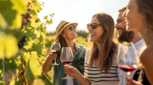 groupe d'amis en vacances en train de déguster du vin dans les vignes photo