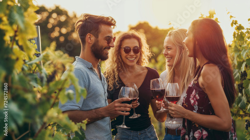 groupe d'amis en vacances en train de déguster du vin dans les vignes