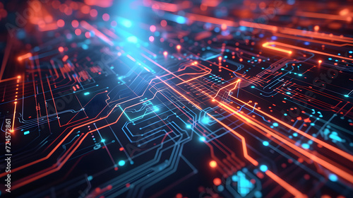 Illustrate a futuristic circuit board-inspired abstract background with glowing neon lines and interconnected nodes