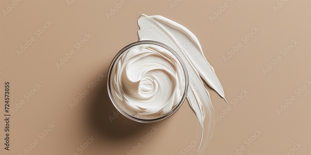 Jar of face cream on beige background, top view Jar of face cream on beige background, top view
