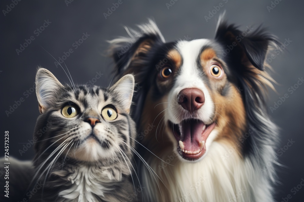 Curious dog and cat with a surprise expression staring at the camera with blank space for text Curious dog and cat with a surprise expression staring at the camera with blank space for text
