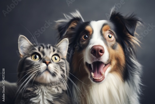 Curious dog and cat with a surprise expression staring at the camera with blank space for text