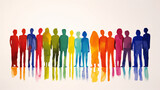 Watercolour painting of a diverse group of  multicultural people standing together to show equality, bonding and togetherness, stock illustration image 