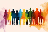 Watercolour painting of a diverse group of  multicultural people standing together to show equality, bonding and togetherness, stock illustration image 