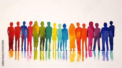 Watercolour painting of a diverse group of multicultural people standing together to show equality, bonding and togetherness, stock illustration image 
