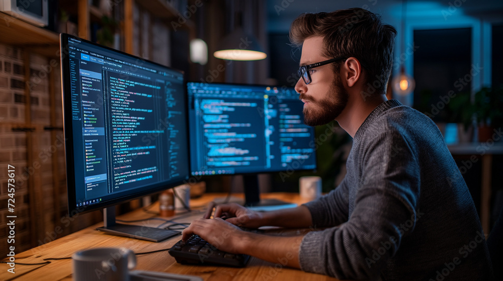A Man Sitting in Front of Two Computer Monitors A Man Sitting in Front of Two Computer Monitors