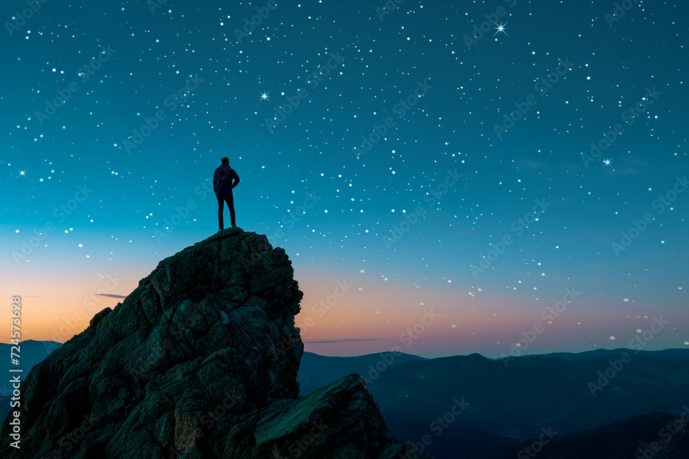 Fototapeta premium A silhouette of a man, standing on top of a mountain and looking at the stars in front of him, sunrise, sunset