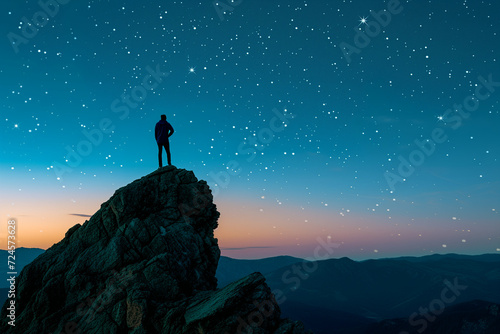 A silhouette of a man, standing on top of a mountain and looking at the stars in front of him, sunrise, sunset