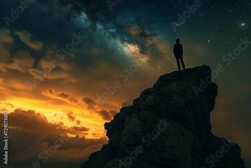 A silhouette of a man, standing on top of a mountain and looking at the clouds in front of him, sunrise, sunset