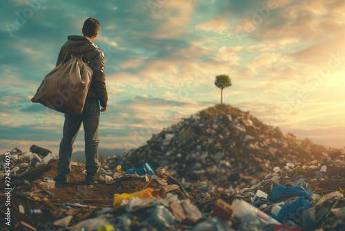 a man holding a bag with a small seedling on his shoulders, who is tired of fighting with the consumer society, standing on top of a garbage hill and looking at hill of garbage with small tree  photo