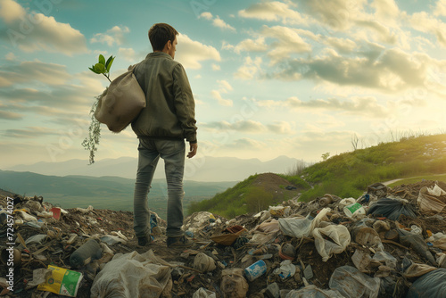 a man holding a bag with a small seedling on his shoulders, who is tired of fighting with the consumer society, standing on top of a garbage hill and looking at the green hill