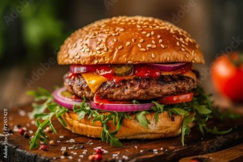 delicious hamburger on a wooden table  commercial photography  ps edit and enhanced 