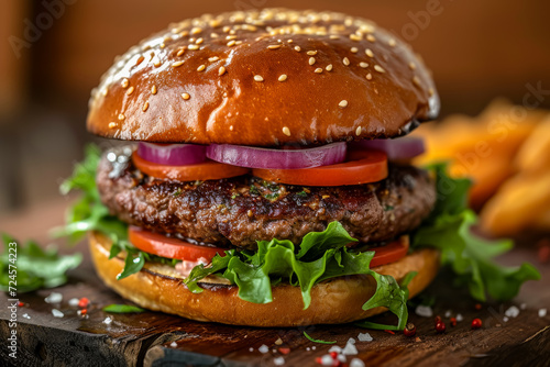 delicious hamburger on a wooden table, commercial photography, ps edit and enhanced 
