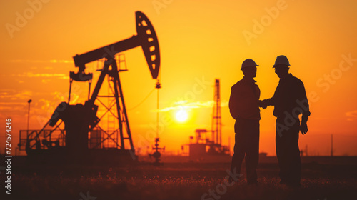 Two Men Standing in Front of an Oil Pump at Sunset