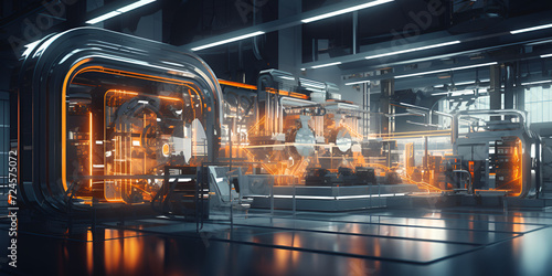 An interior of the modern industrial Automobile Production Giant Manufacture Plant empowered, Modern manufacturing equipment in a futuristic factory, 