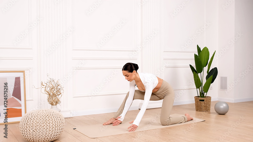 Athletic women in sportswear conduct a workout to stretch the body and develop muscles. Active girl doing fitness or yoga in home gym. Healthy body and sportswear concept. Athletic women in sportswear conduct a workout to stretch the body and develop muscles. Active girl doing fitness or yoga in home gym. Healthy body and sportswear concept.
