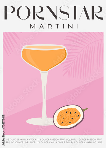 Pornstar Martini Cocktail garnished with passion fruit. Classic alcoholic beverage recipe modern wall art print. Summer aperitif poster. Minimalist trendy alcoholic drink. Vector flat illustration.