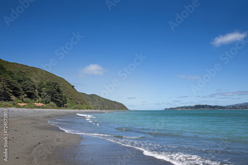 Beach and waves at Camp Bay. Wellington Harbour area. Coast. 
