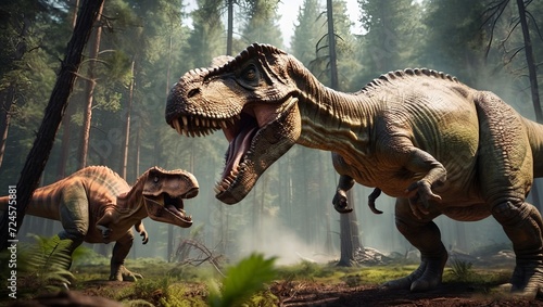 Fototapeta Naklejka Na Ścianę i Meble -  fighting dinosaurs in the forest.