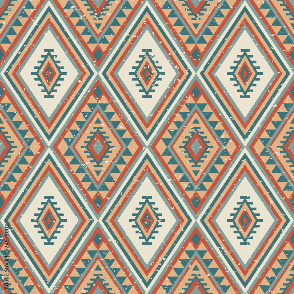 Aztec and Navajo tribal with seamless ethnic pattern. Grunge texture. Vintage vector background. Traditional ornament style. Design for textile, fabric, clothing, curtain, rug, ornament, wrapping.