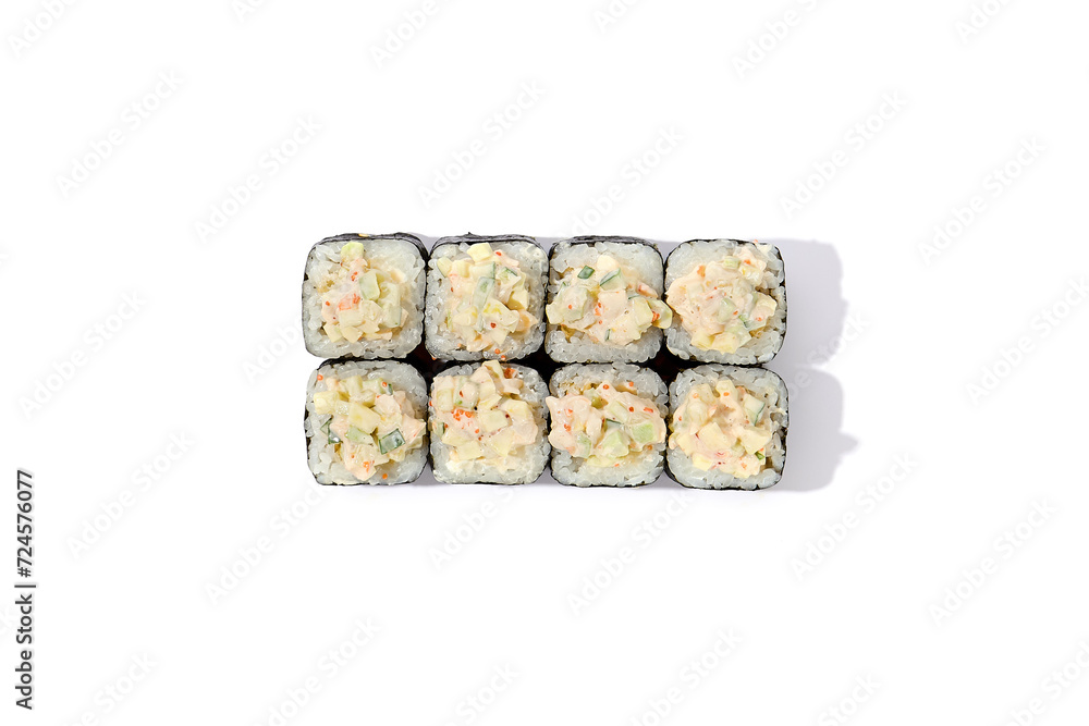 Shrimp Tartare Sushi Roll with Cucumber and Tobiko on Pristine Backdrop Shrimp Tartare Sushi Roll with Cucumber and Tobiko on Pristine Backdrop