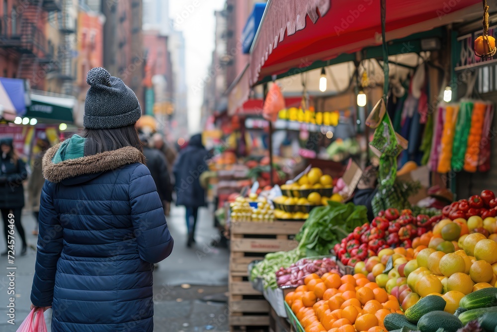 Woman going for grocery shopping in an open street market in New York, NYC. 