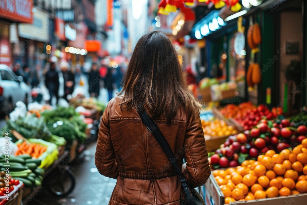 Woman going for grocery shopping in an open street market in New York, NYC. 