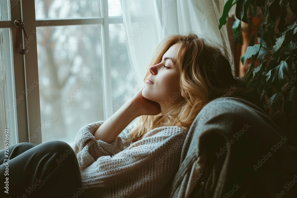 Woman resting near window at home. Woman resting near window at home.
