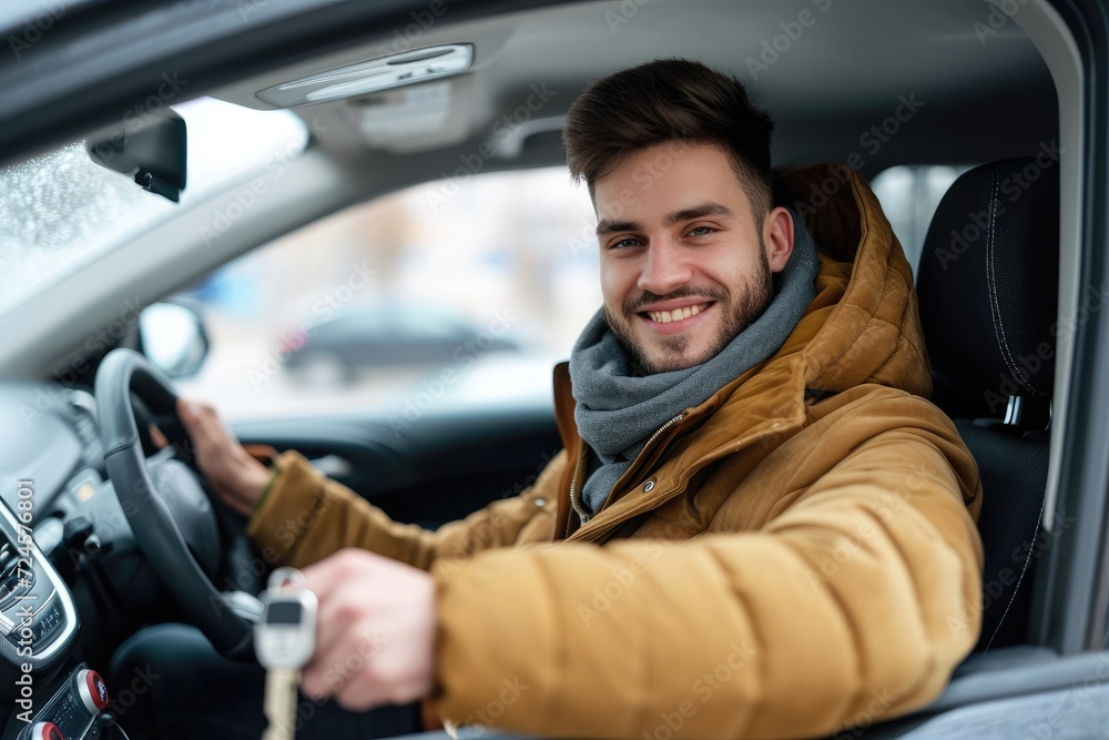 Young man showing key sitting in car Young man showing key sitting in car